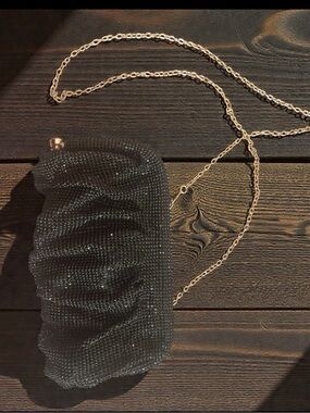 Vintage Black Mesh Beaded Evening Crossbody Bag with Gold Chain